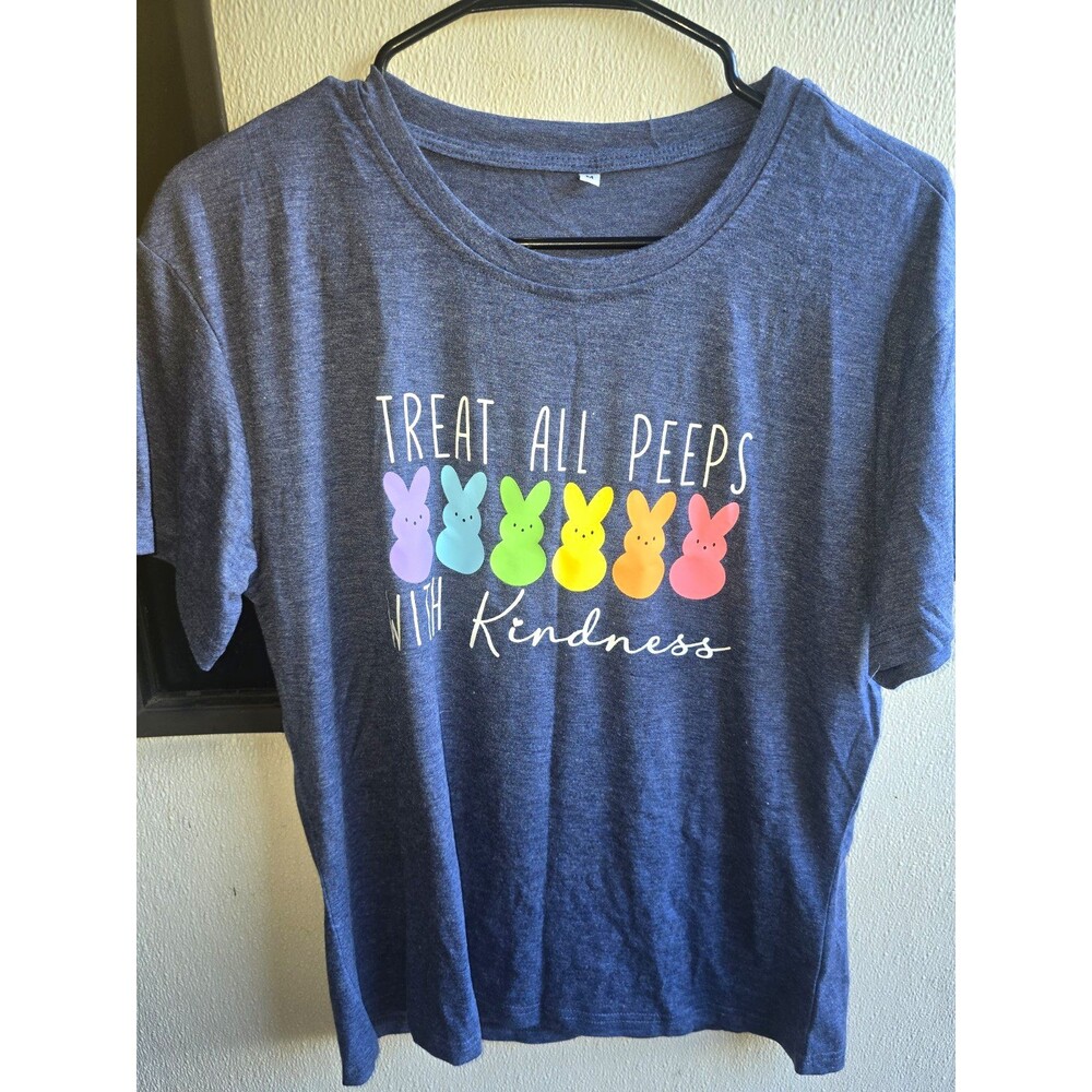 Womens Blue Easter Bunny Graphic Tee Treat All Peeps With Kindness Size M